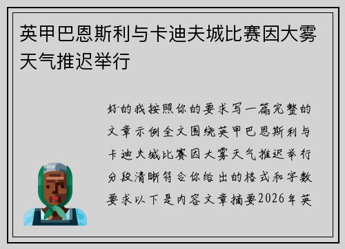 英甲巴恩斯利与卡迪夫城比赛因大雾天气推迟举行 英甲巴恩斯利与卡迪夫城比赛因大雾天气推迟举行