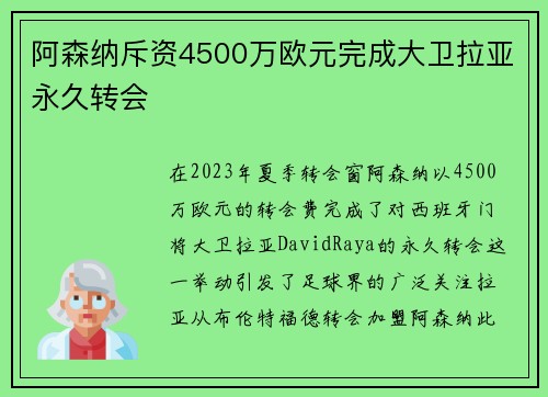 阿森纳斥资4500万欧元完成大卫拉亚永久转会